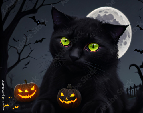  a black cat with glowing eyes and glowing eyes sits in front of a full moon with two pumpkins photo