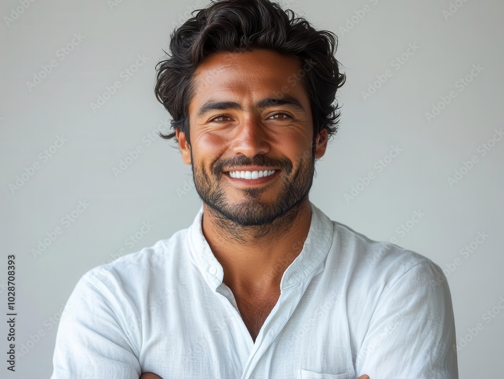 Obraz premium smiling indian businessman casually dressed, exuding warmth and confidence against a clean white background, emphasizing professionalism and approachability