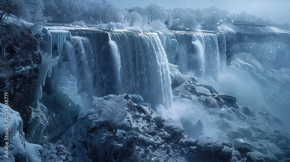 A Frozen Waterfall Amidst a Snowy Landscape A Frozen Waterfall Amidst a Snowy Landscape