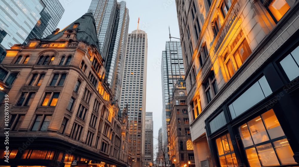 Obraz premium Low angle view of urban skyscrapers and historic buildings with warm lighting and modern glass facade during twilight in a city street.