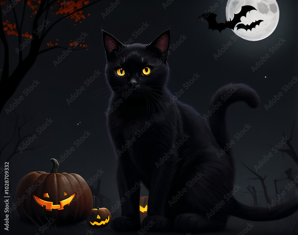 a black cat sitting in front of a full moon and a pumpkin with glowing eyes and a full moon behind it a black cat sitting in front of a full moon and a pumpkin with glowing eyes and a full moon behind it