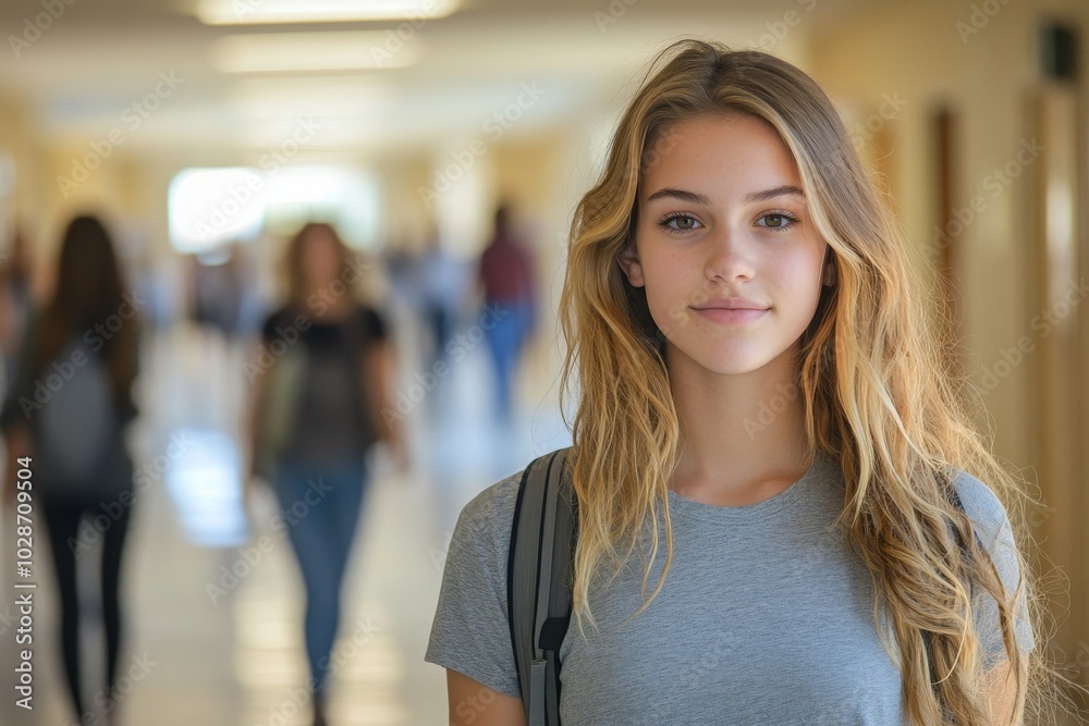 Female student going for class in high school, Generative AI