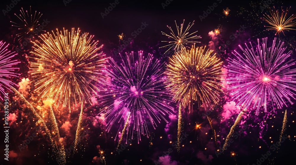 Vibrant fireworks display illuminating the night sky with an array of colors including pink, orange, and gold, perfect for celebrations. Vibrant fireworks display illuminating the night sky with an array of colors including pink, orange, and gold, perfect for celebrations.