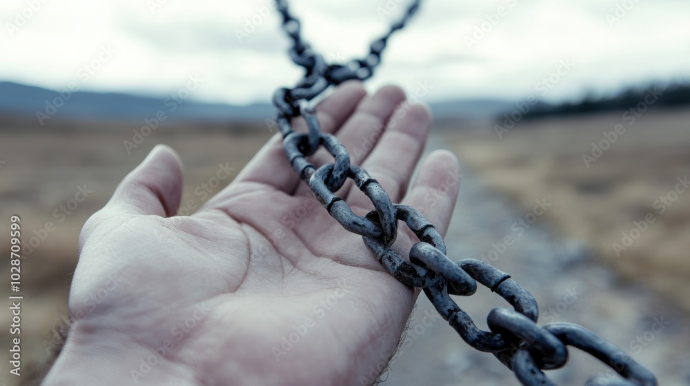 A hand holds a rusted chain against a blurred landscape, symbolizing connection and strength, AI A hand holds a rusted chain against a blurred landscape, symbolizing connection and strength, AI