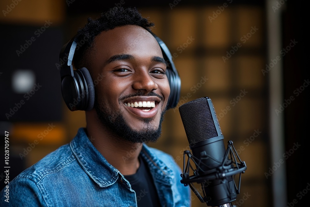 Happy radio presenter speaking into a microphone in a studio, Generative AI
