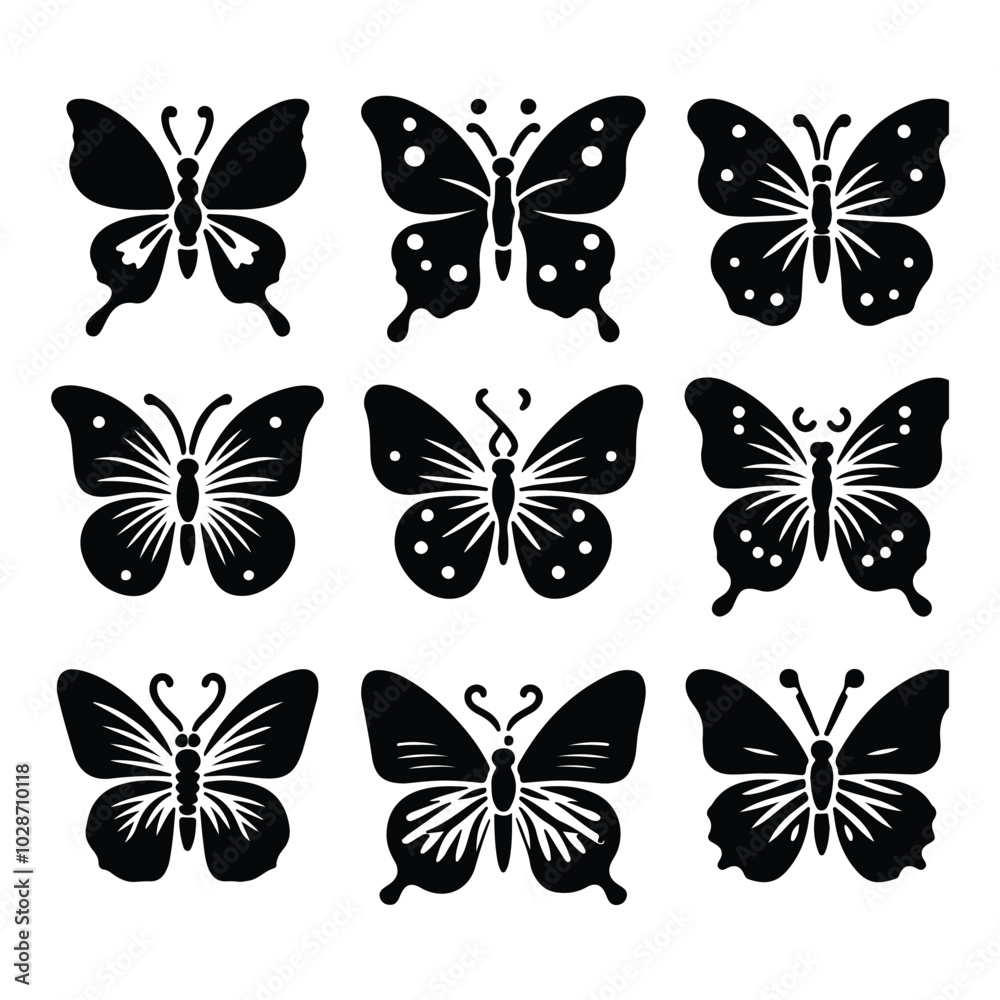 create a sillhouette butterfly victor set icon on white background create a sillhouette butterfly victor set icon on white background