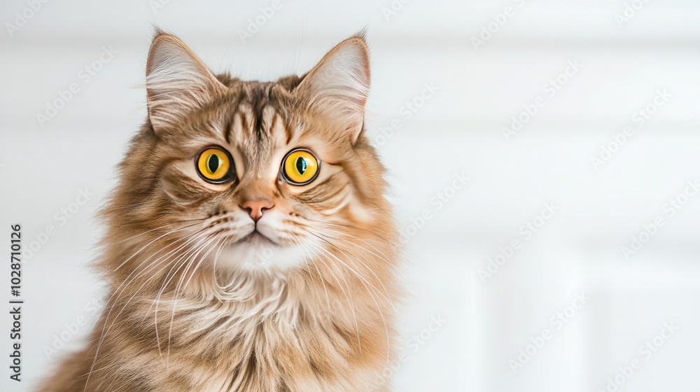 Portrait of a fluffy cat with striking yellow eyes against a white background Portrait of a fluffy cat with striking yellow eyes against a white background