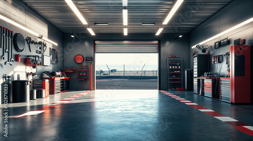 Modern car workshop opening on racing circuit at sunrise