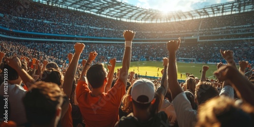 Obraz na płótnie Crowd of sports fans cheering during a match in a stadium - people excited cheering for their favorite sports team to win the game, Generative AI w salonie