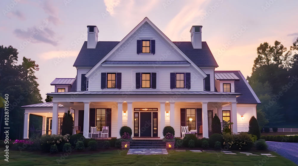 Beautiful modern farmhouse style luxury home exterior at twilight Beautiful modern farmhouse style luxury home exterior at twilight