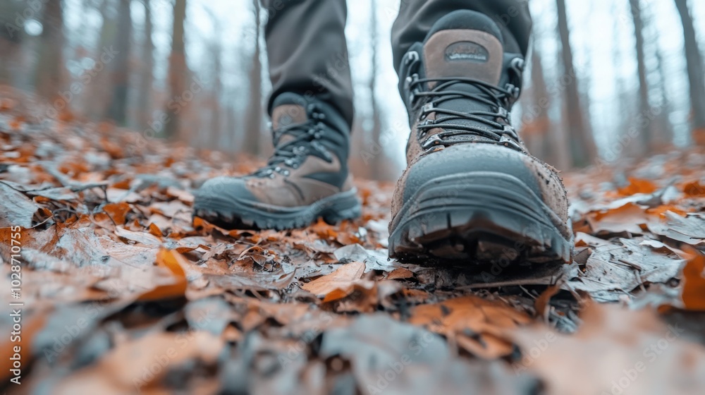 Hiking boots stepping through a forest carpeted with autumn leaves, AI Hiking boots stepping through a forest carpeted with autumn leaves, AI