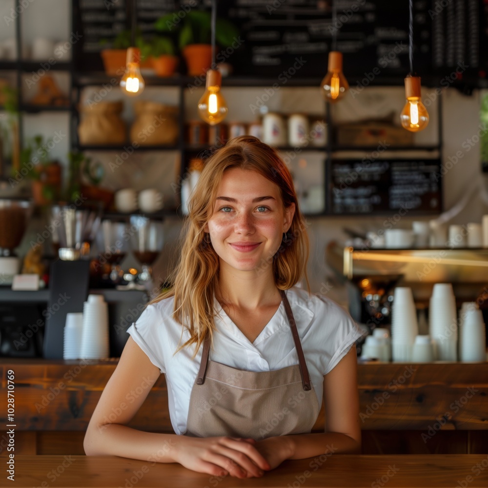 Smiling barista young woman working in cafe shop, looking at camera. Startup successful small business owner. SME Smiling barista young woman working in cafe shop, looking at camera. Startup successful small business owner. SME