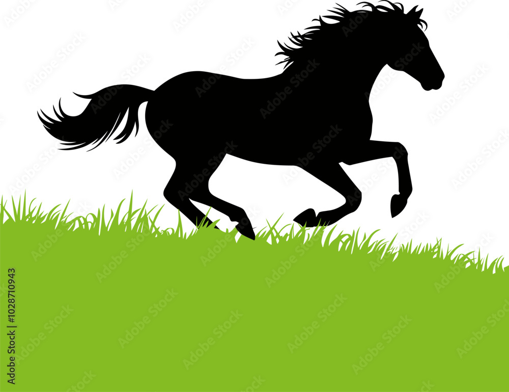 a vector silhouette of a horse running fast in green field a vector silhouette of a horse running fast in green field