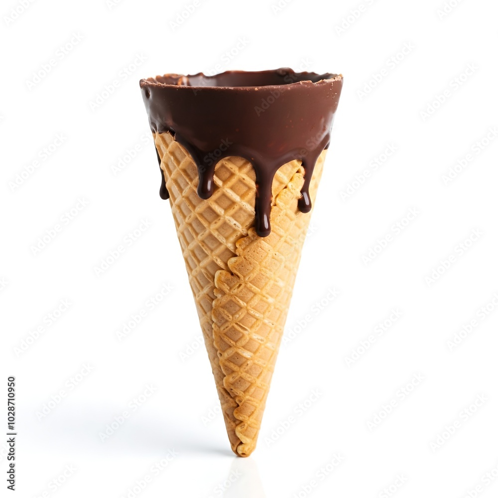 Waffle cone dipped in chocolate with drips, against a white background. Waffle cone dipped in chocolate with drips, against a white background.