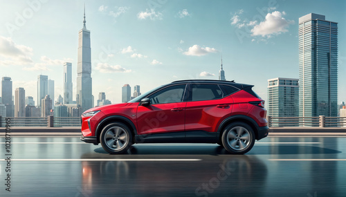 Modern red suv driving on bridge with city skyline in background