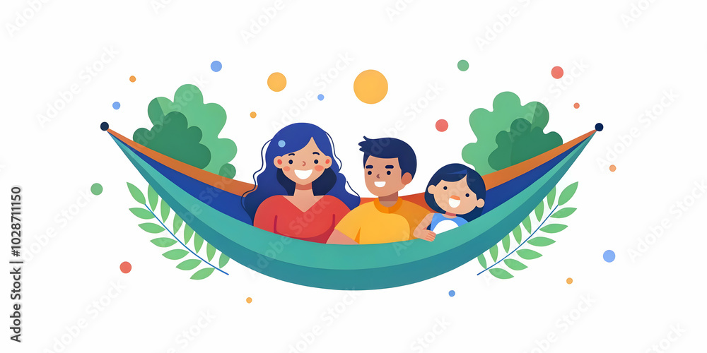 Family Relaxing in Backyard Hammock with Soft Abstract Nature Background - Peaceful Weekend Lounging Image with Copy Space for Text in Photo Stock Concept