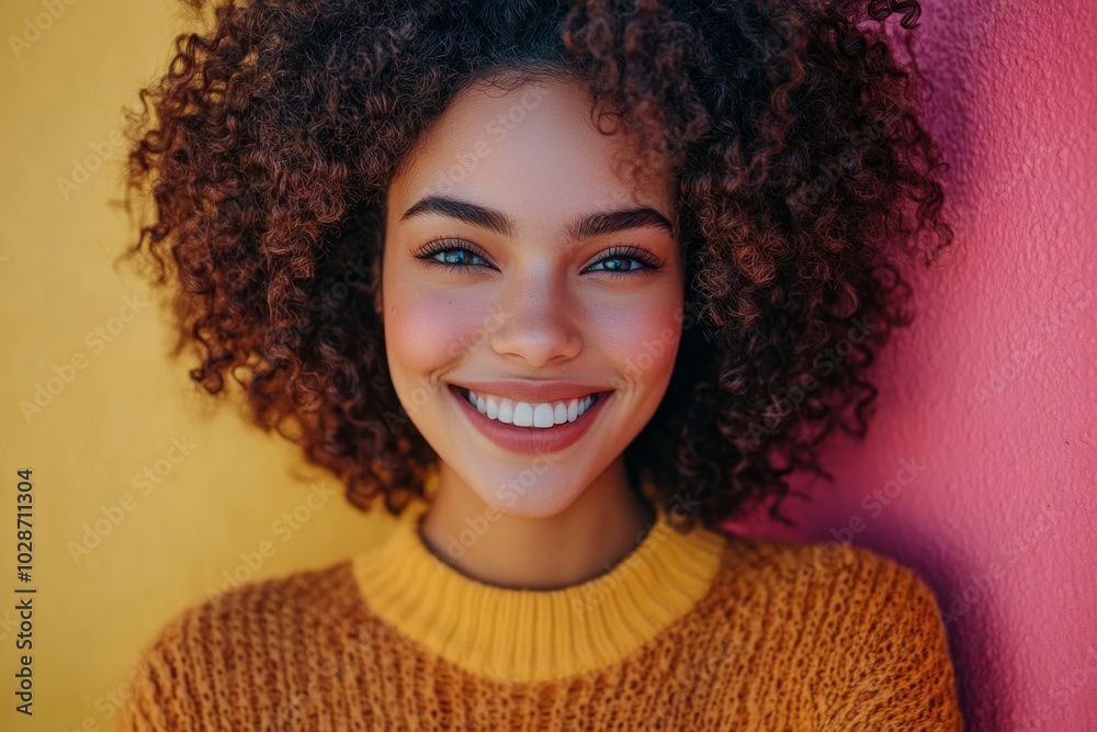 Cheerful woman with curly hair on vibrant coloured background, Generative AI Cheerful woman with curly hair on vibrant coloured background, Generative AI