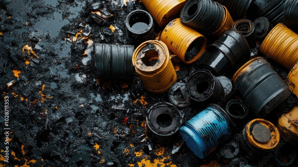 Oil barrels spill onto the ground. This photo is ideal for illustrating environmental damage and pollution. Oil barrels spill onto the ground. This photo is ideal for illustrating environmental damage and pollution.