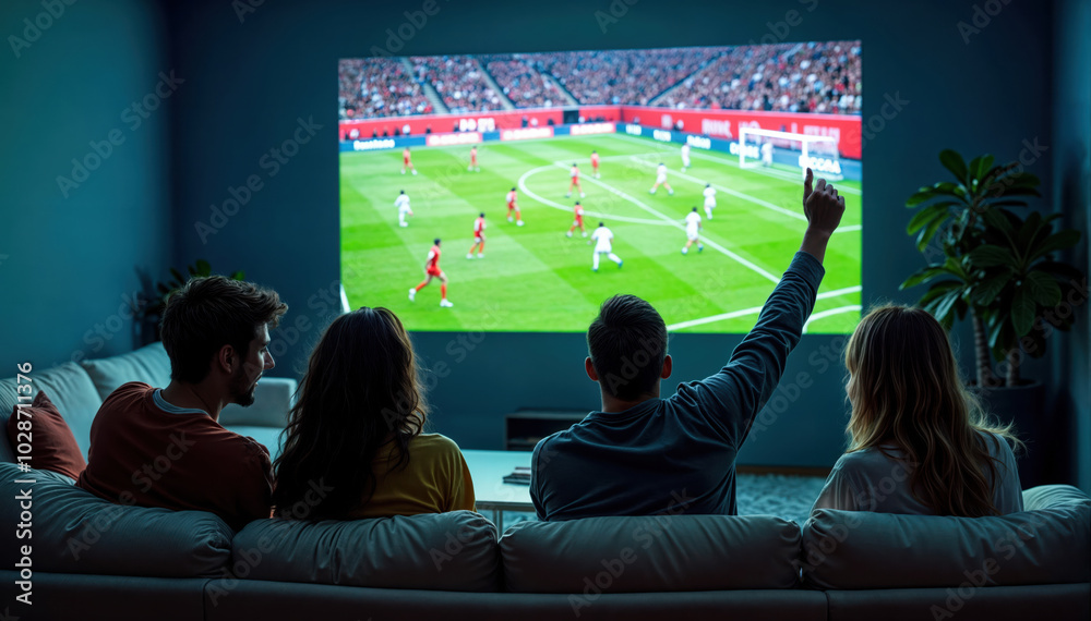 Fototapeta premium Group of friends watching football game on tv cheering for favourite team at home