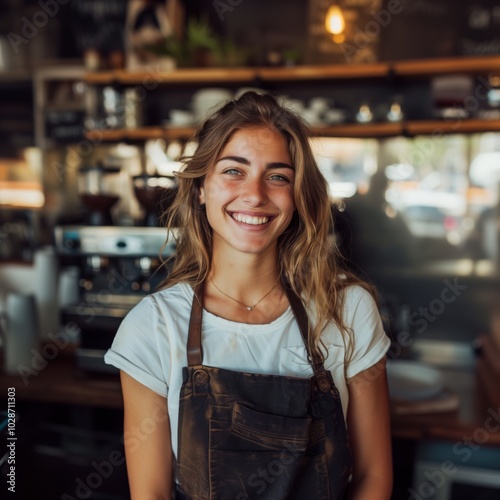 Smiling barista young woman working in cafe shop, looking at camera. Startup successful small business owner. SME