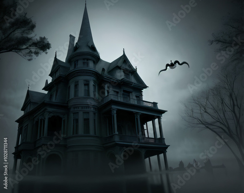  a creepy house with a bat flying in the sky above it and a ghost in the background with a full moon photo