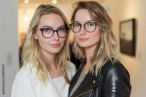 Two very beautiful women, one blonde with blue eyes wearing glasses wearing a white long sleeve top, the other has shoulder length hair wearing a black leather jacket at an art gallery after party. photo