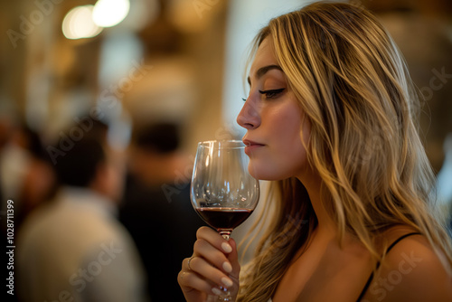 Blonde lady tasting some Bordeaux. Elegant woman with blonde hair, sipping wine from her glass at the opening event for Italian reds in Rome's historic palazzo.