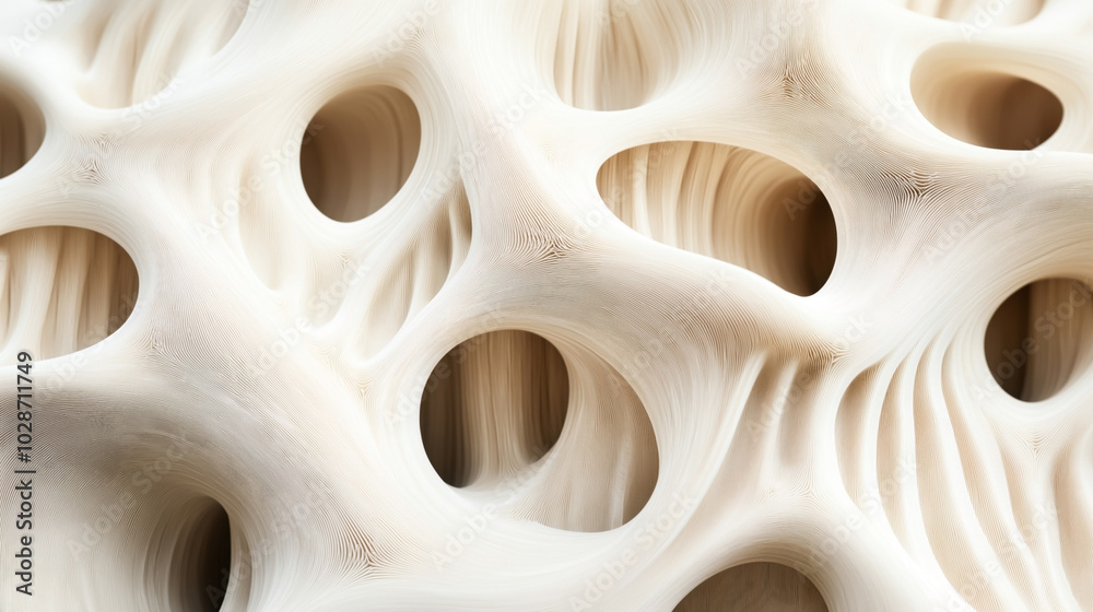 Abstract close-up of a textured surface with smooth, wave-like patterns and large, rounded holes in a light beige color.