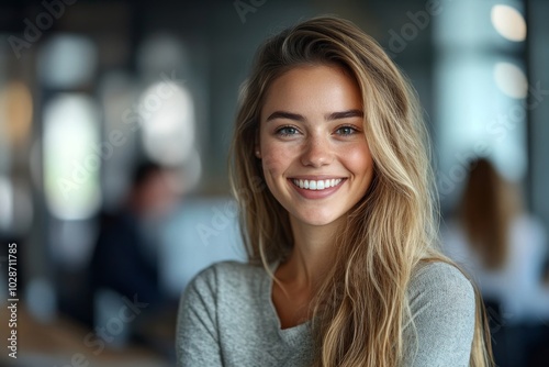 Confident young female entrepreneur smiling in modern office with colleagues in the background, Generative AI