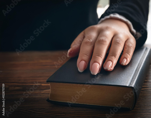 Mano izquierda jurando sobre la biblia photo