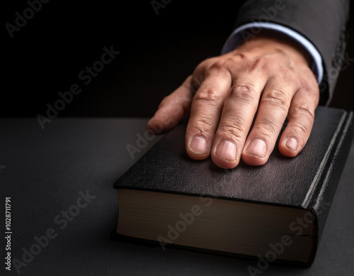 Juramento sobre la biblia con la mano izquierda photo