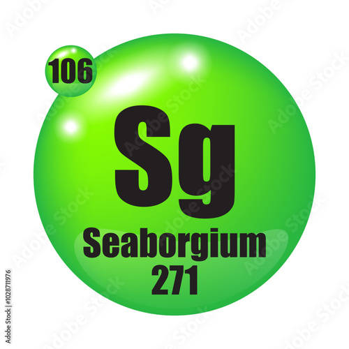 Seaborgium element symbol. Atomic number 106. Mass 271. Green sphere icon.