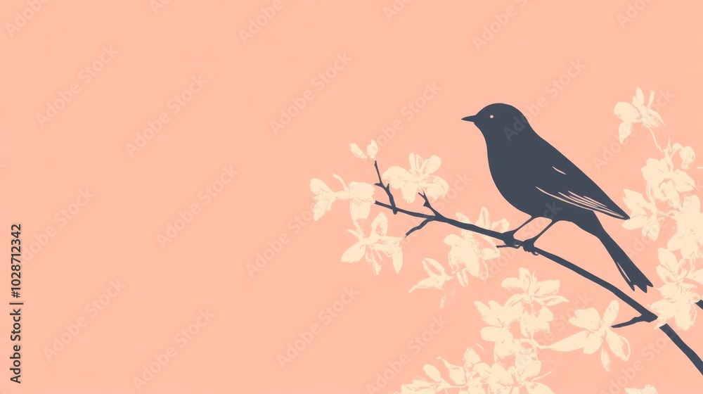 A black bird silhouette perched on a branch with white flowers against a peach background. A black bird silhouette perched on a branch with white flowers against a peach background.