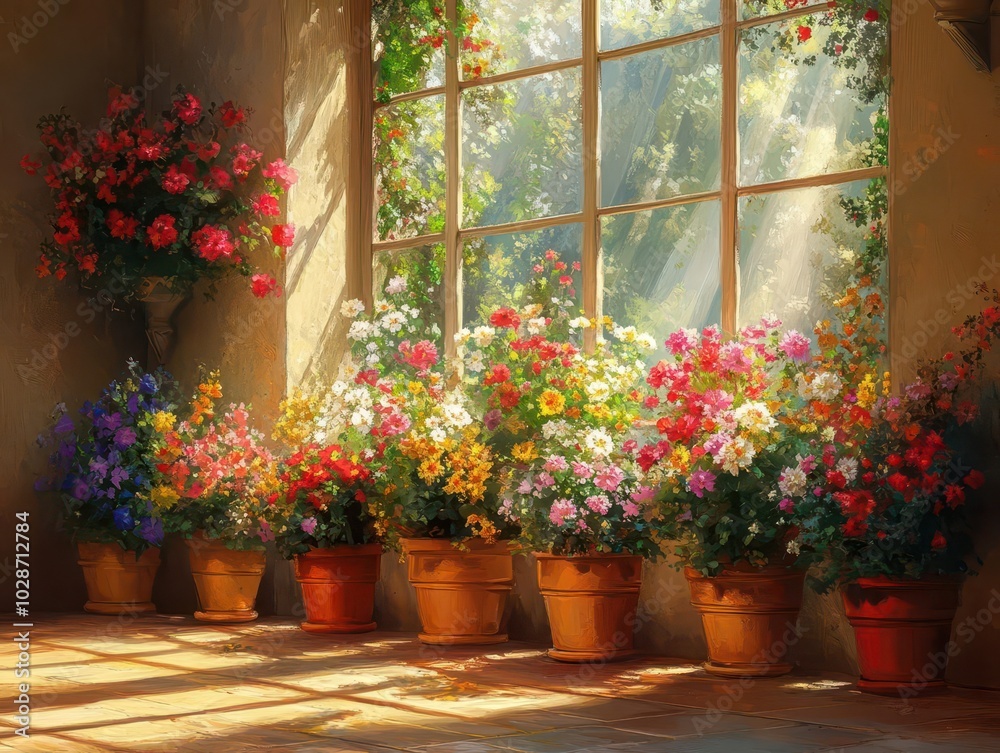 sunlit hall adorned with vibrant flower pots, each displaying a variety of colorful blooms, creating a cheerful, inviting atmosphere, light streaming in through large windows, casting playful shadows sunlit hall adorned with vibrant flower pots, each displaying a variety of colorful blooms, creating a cheerful, inviting atmosphere, light streaming in through large windows, casting playful shadows
