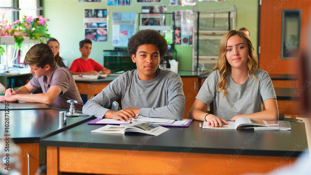 Portrait Of Male And Female High School Students Sitting At Desk In Biology Class Portrait Of Male And Female High School Students Sitting At Desk In Biology Class