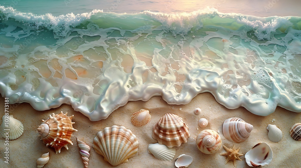 Seashells scattered on a sandy beach with a wave breaking in the background. Seashells scattered on a sandy beach with a wave breaking in the background.