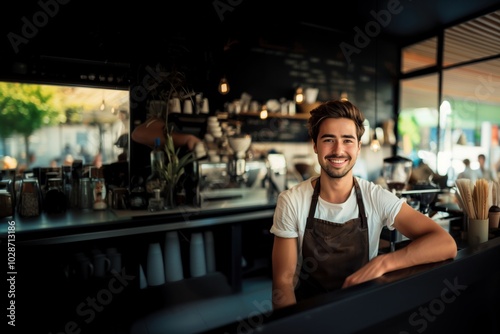 Smiling barista young man working in cafe shop, looking at camera. Startup successful small business owner. SME