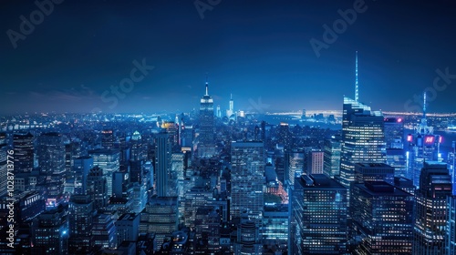 Nighttime aerial view of a dense urban cityscape with illuminated buildings and a dark blue sky.