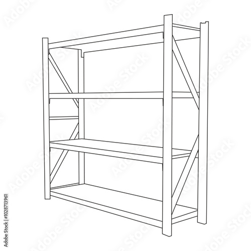 Minimalist vector line art illustration of a steel shelf rack for industrial and home storage.