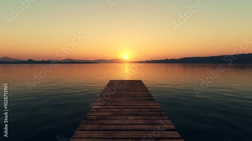 Sunset over a calm lake with a wooden pier extending into the water, beauty of nature, peaceful landscape.