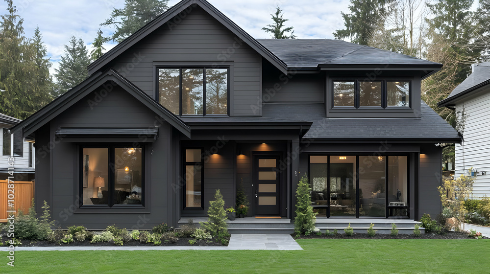 Modern black house with large windows and landscaped yard. Modern black house with large windows and landscaped yard.