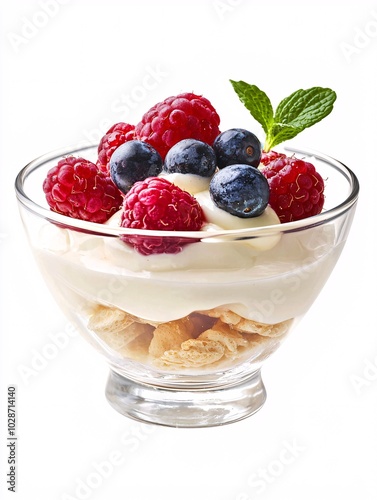 Creamy yogurt topped with vibrant berries and a drizzle of honey in a transparent bowl, perfect for healthy dessert presentations.