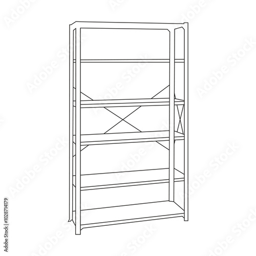 Minimalist vector line art illustration of a steel shelf rack for industrial and home storage.