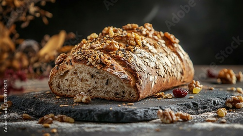 Rustic multigrain bread with seeds, isolated on a dark background with decorative walnuts and raisins photo