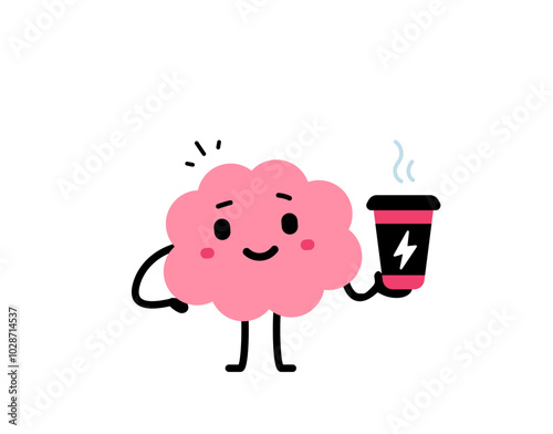 Vector cartoon energy illustration of cute happy brain hold coffee cup on white color background. Flat doodle style design of smile brain character drink hot coffee beverage