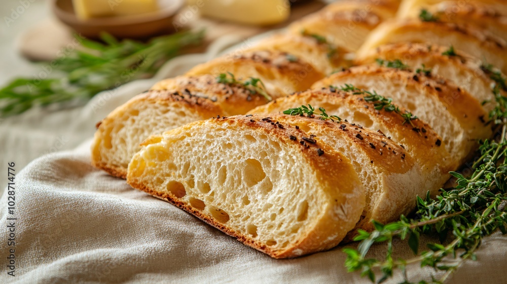 Rustic sourdough slices, isolated on a soft beige linen with decorative cheese wedges and fresh herbs Rustic sourdough slices, isolated on a soft beige linen with decorative cheese wedges and fresh herbs