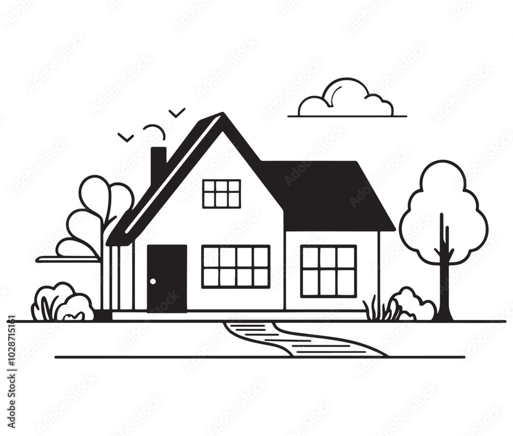 Hand drawn illustration of house, Building illustration vector, Outline American house Hand drawn illustration of house, Building illustration vector, Outline American house
