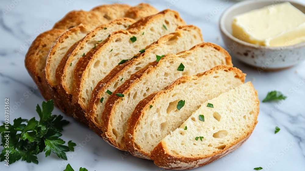 Sliced rustic bread with a golden crust, isolated on a white marble background with decorative butter spread and parsley Sliced rustic bread with a golden crust, isolated on a white marble background with decorative butter spread and parsley