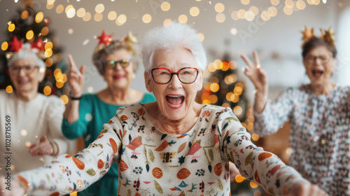 Caucasian cheerful elderly senior friend happy and cheerful on Christmas holiday. friendship smile and happy funny with celebration new year party