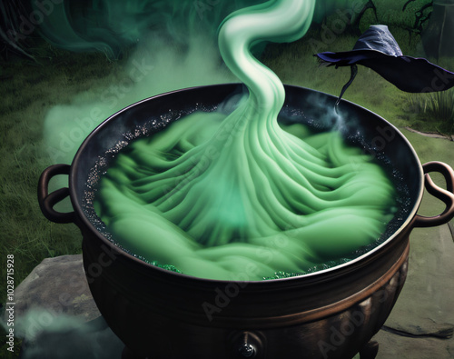  a large pot with a liquid inside of it on a table next to a black bird and a green background